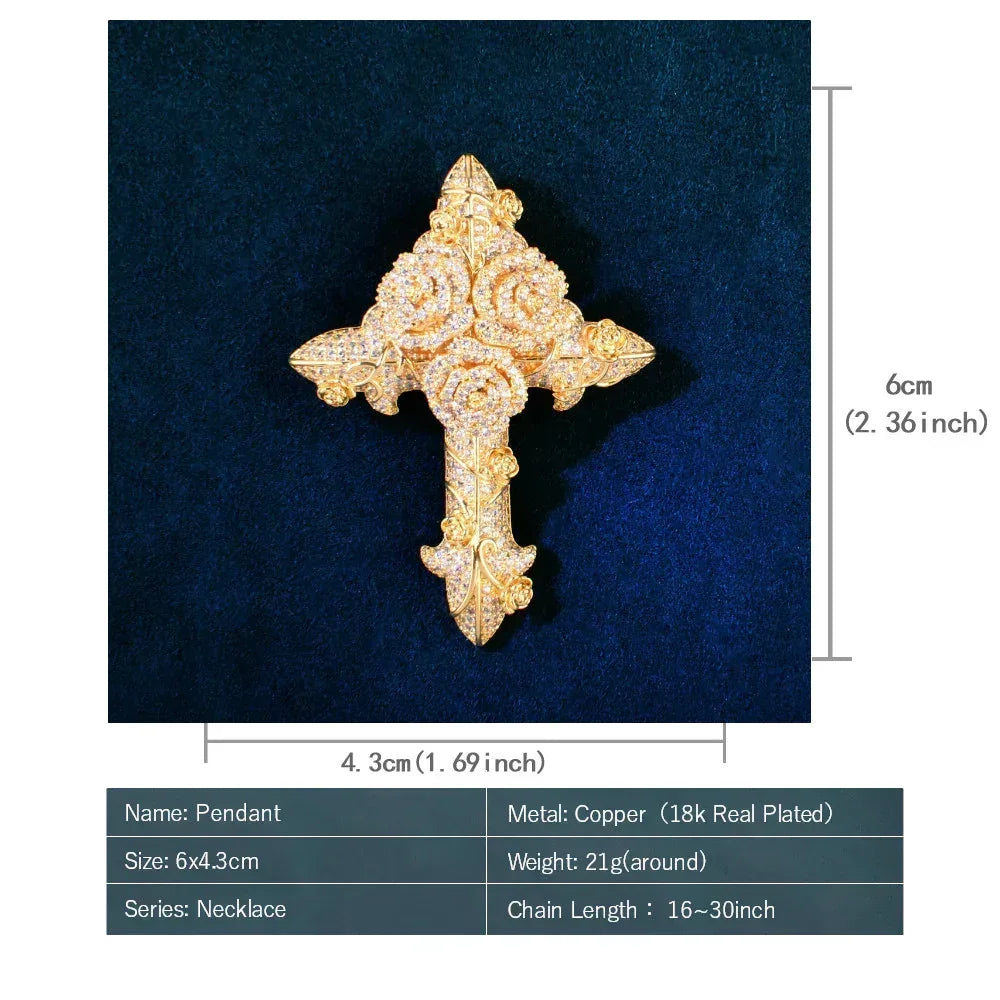 Iced Out Rose Cross Pendant Rope Chain Necklace - CaratixJewelry