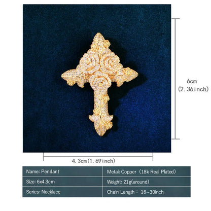Iced Out Rose Cross Pendant Rope Chain Necklace - CaratixJewelry