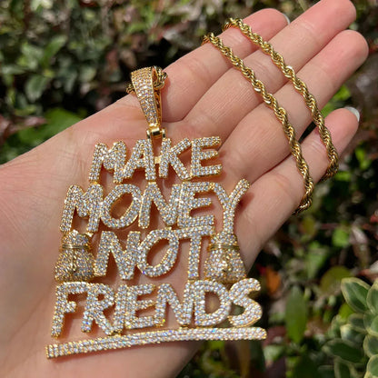 Iced Out "Make Money Not Friends" Pendant | Men's Real Copper CZ Necklace | MMNF Street Code Jewelry | 3D Block Letter Success Charm | Caratix - CaratixJewelry
