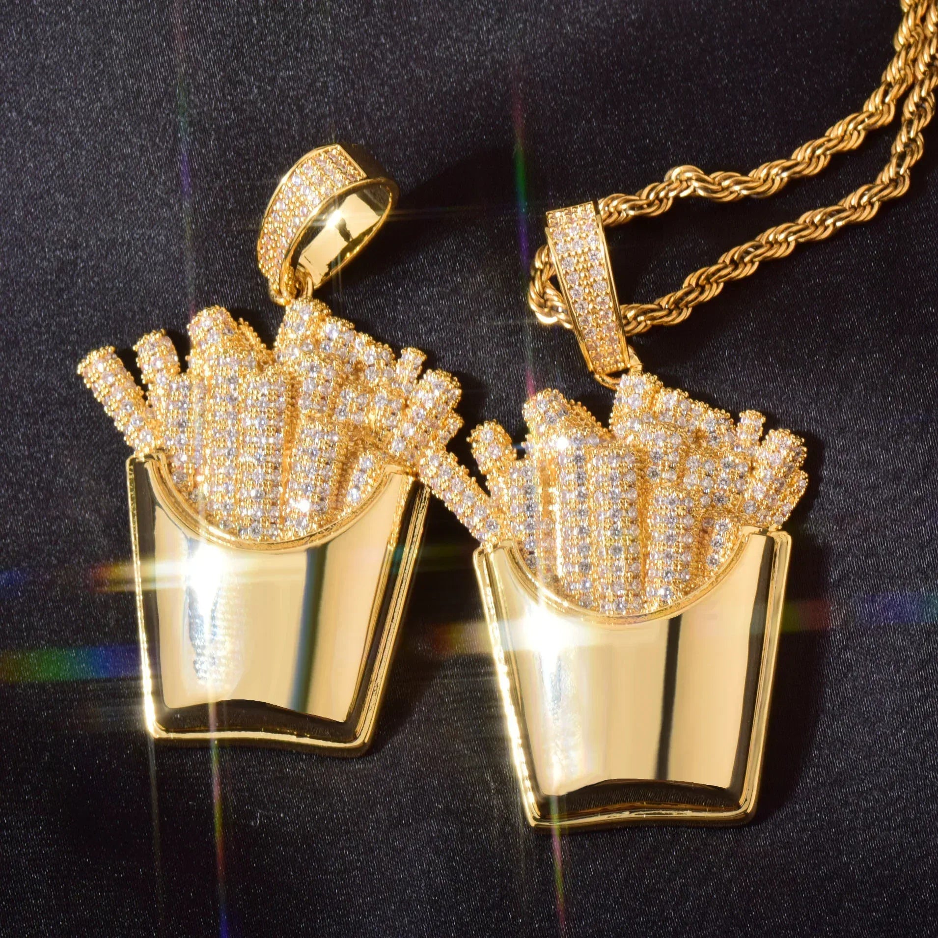 Iced Out French Fries Pendant Necklace | CZ Hip Hop Unisex Trendy Jewelry - CaratixJewelry