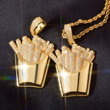 Iced Out French Fries Pendant Necklace | CZ Hip Hop Unisex Trendy Jewelry - CaratixJewelry