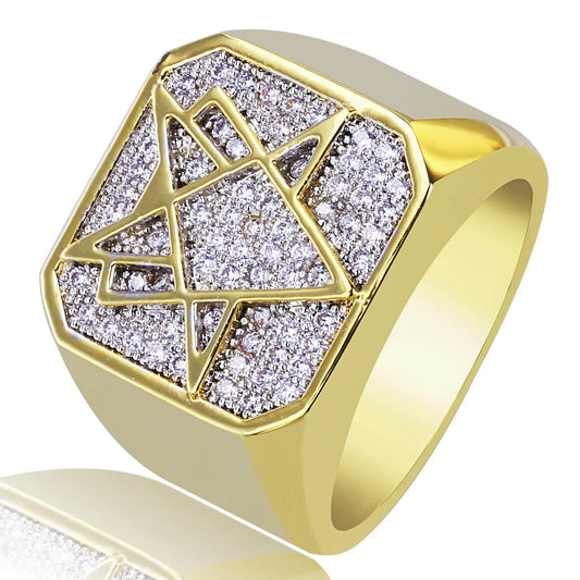 Men's Geometric Iced Out Ring | 18K Gold Plated Zirconia Band | Caratix