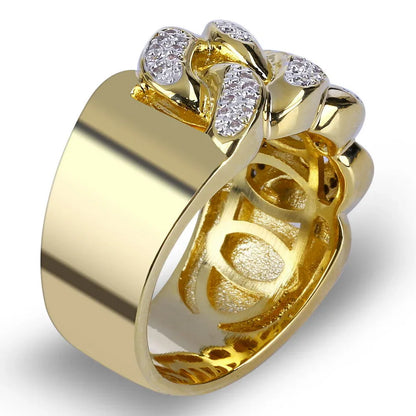 18K Gold Plated Iced Out Chain Link Ring | Pave Zirconia Band | Caratix