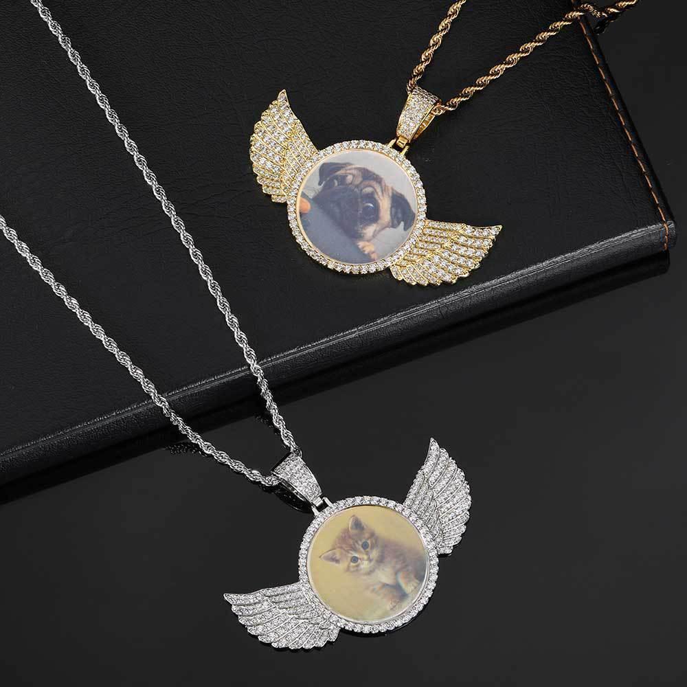 Custom Angel Wings Round Photo Pendant Necklace with Zircon Stones for Men | Caratix Jewelry - CaratixJewelry