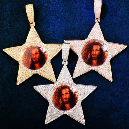 Star Photo Pendant Necklace | Epoxy CZ DIY Custom Picture Hip Hop Jewelry - CaratixJewelry