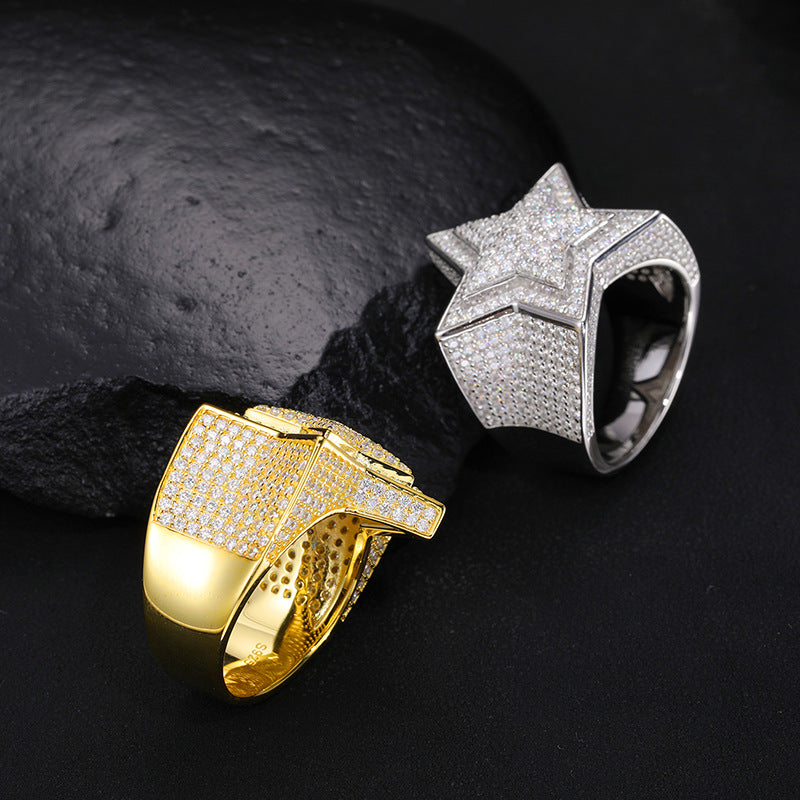 Unisex S925 Sterling Silver Moissanite Star Ring – Iced-Out Hip-Hop Statement Band