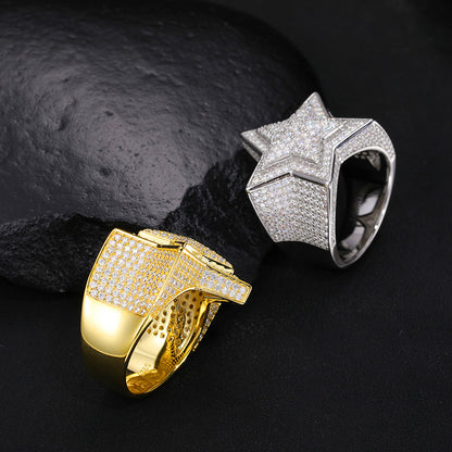 Unisex S925 Sterling Silver Moissanite Star Ring – Iced-Out Hip-Hop Statement Band