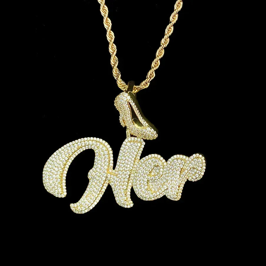 Iced Out "HER" Stiletto Letter Pendant | Women's Real Copper High Heel Necklace - CaratixJewelry