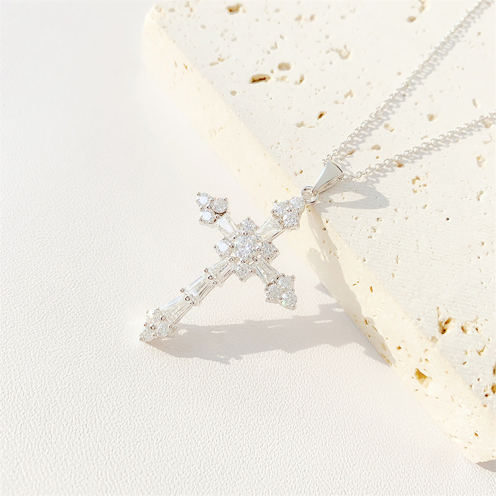 Luxury S925 Moissanite Crucifix Necklace - Passes Diamond Tester Clavicle Chain | Caratix