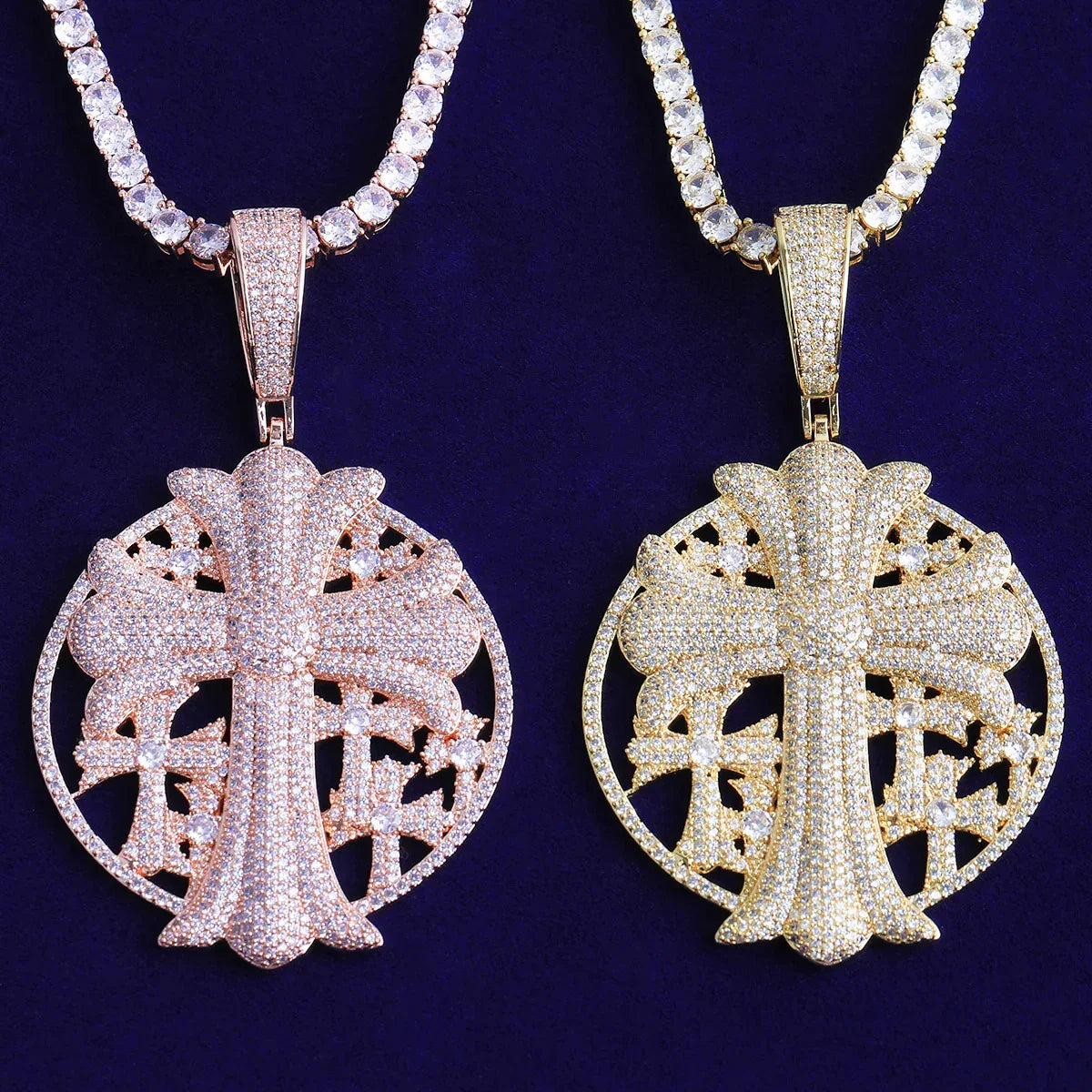 Iced Out Cross Medallion Pendant | Men's Round Disc Necklace - CaratixJewelry