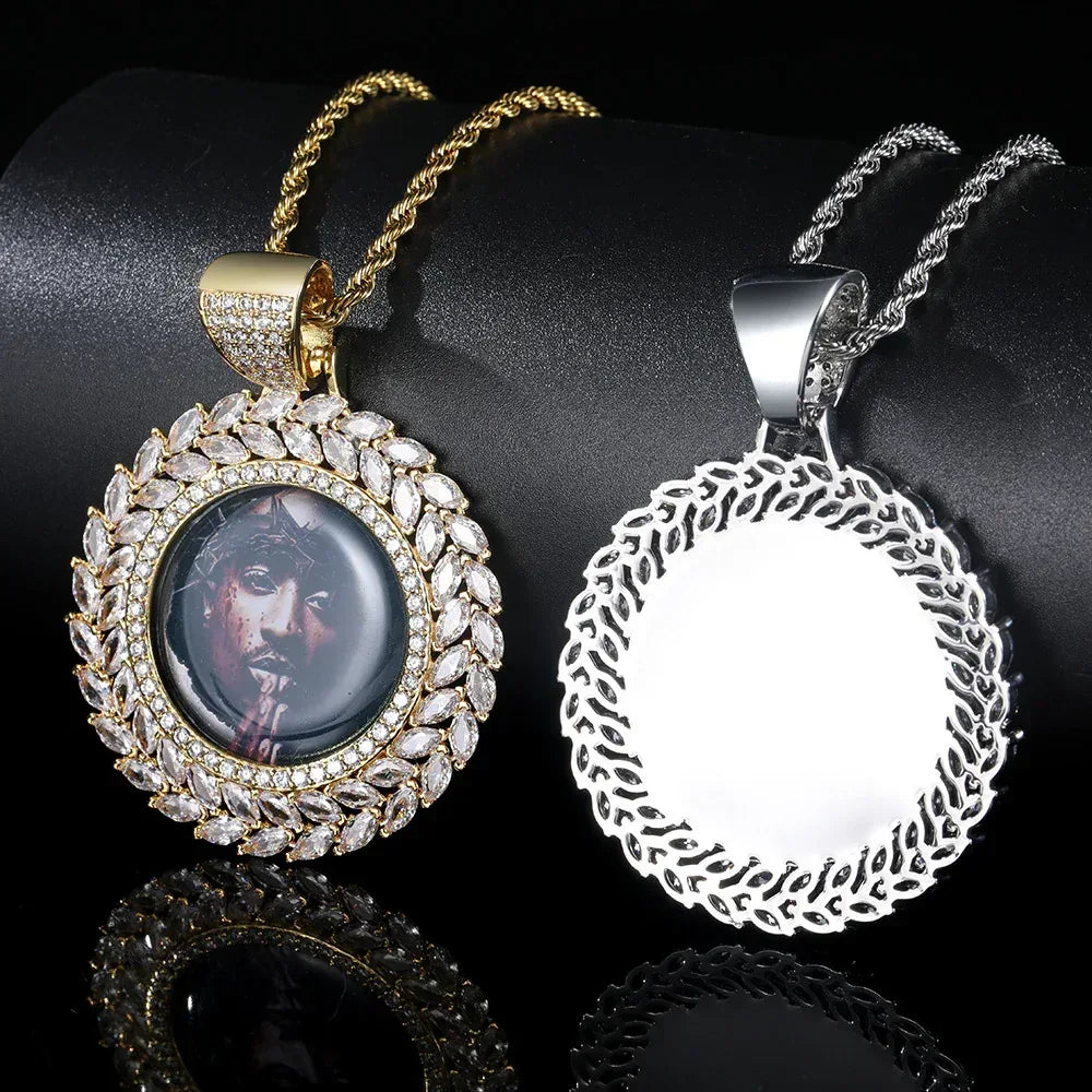 Custom Wheat Ear Round Photo Frame Pendant Necklace with Zircon Stones for Men | Caratix Jewelry - CaratixJewelry