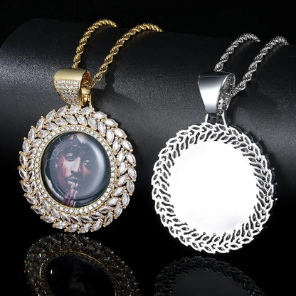 Custom Wheat Ear Round Photo Frame Pendant Necklace with Zircon Stones for Men | Caratix Jewelry - CaratixJewelry