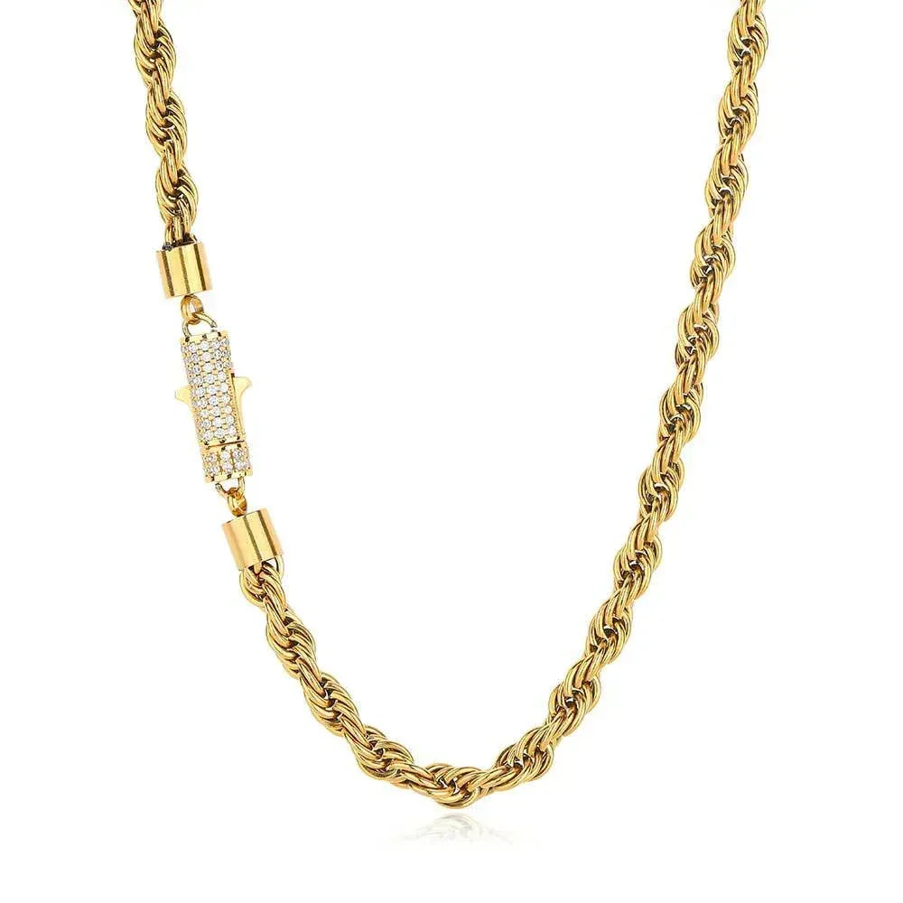 6mm Twist Rope Chain Stainless Steel Necklace with Zircon Clasp Hip Hop Jewelry for Men | Caratix Jewelry - CaratixJewelry