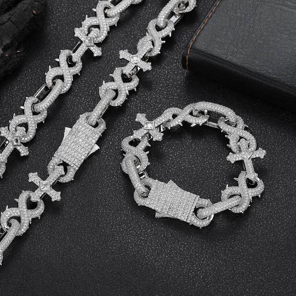 Thorn Cross Moissanite Cuban Link Chain with Figure-8 Clasp – Custom S925 Sterling Silver Iced-Out Hip Hop Men’s Streetwear Necklace - CaratixJewelry