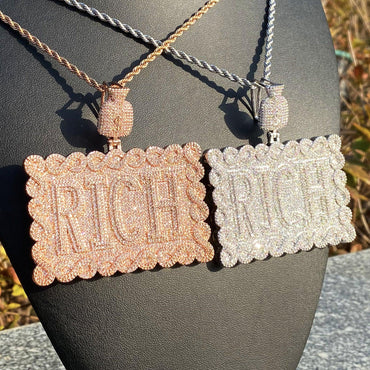Iced Out "RICH" Dollar Sign Pendant | Men's Real Copper Square Medallion Necklace - CaratixJewelry