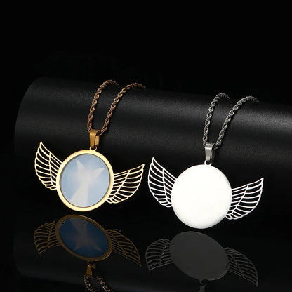 Winged Round Photo Frame Pendant Necklace with Customizable Photo for Men | DIY Stainless Steel Necklace | Caratix Jewelry - CaratixJewelry