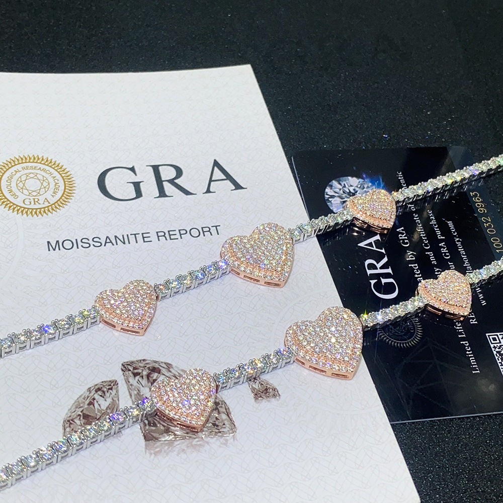 3mm Bi-Tone Heart Moissanite Tennis Chain | S925 Silver Iced Out Bracelet | Caratix