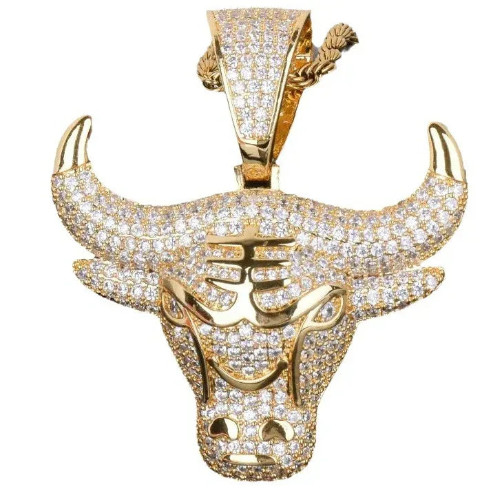 Iced Out Raging Bull Head Pendant | Men's Taurus Zodiac Necklace | Premium Copper CZ Chicago Style Jewelry | Wall Street Wealth Charm | Caratix - CaratixJewelry