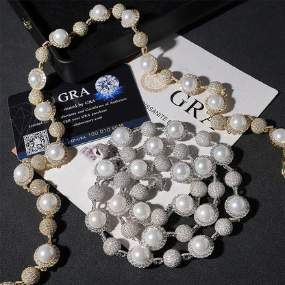 10mm Pearl Moissanite Necklace | S925 Silver Men’s Hip Hop Jewelry - CaratixJewelry