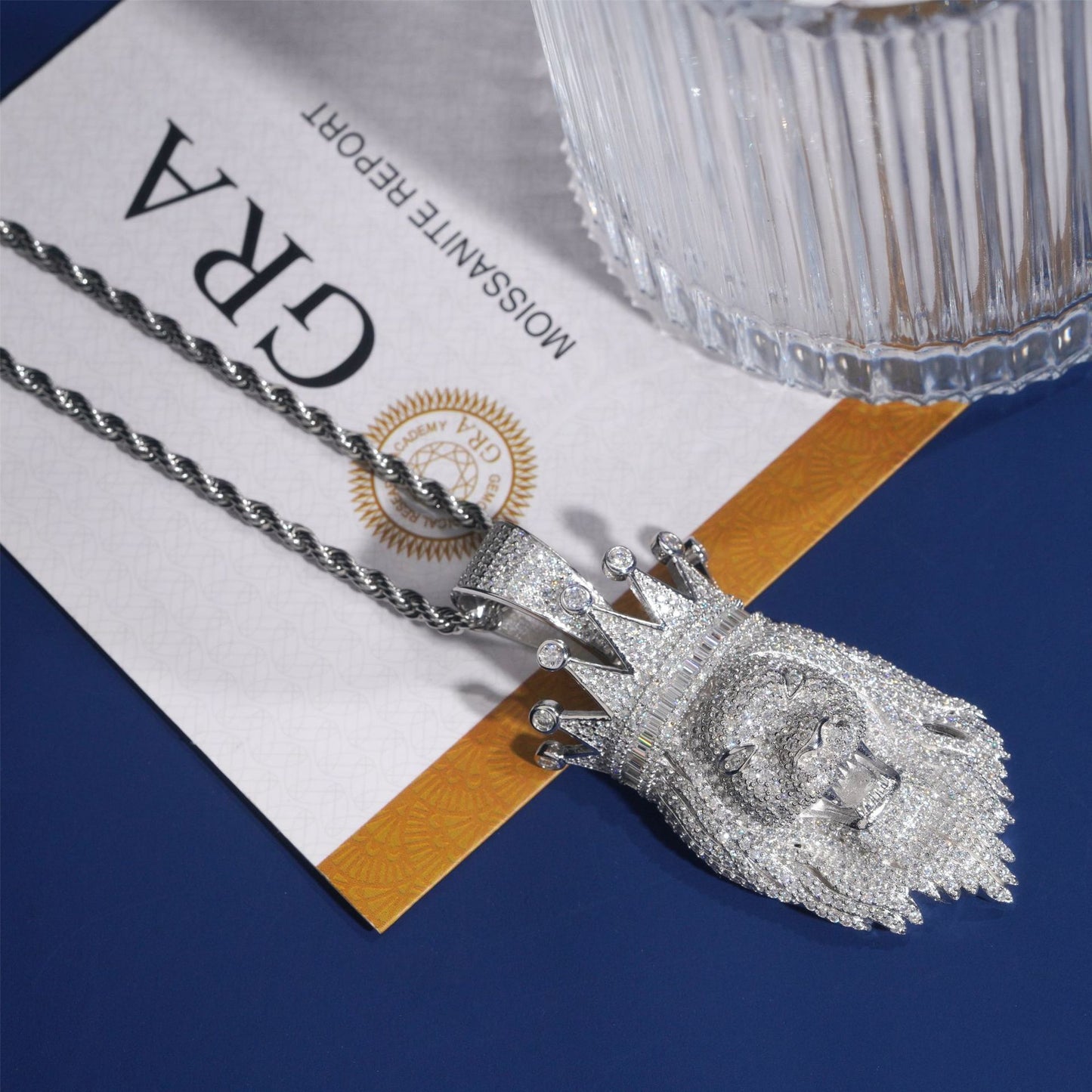 S925 Sterling Silver Moissanite Lion King Pendant with Crown | Iced Out Lion Head for Cuban Chain | Caratix