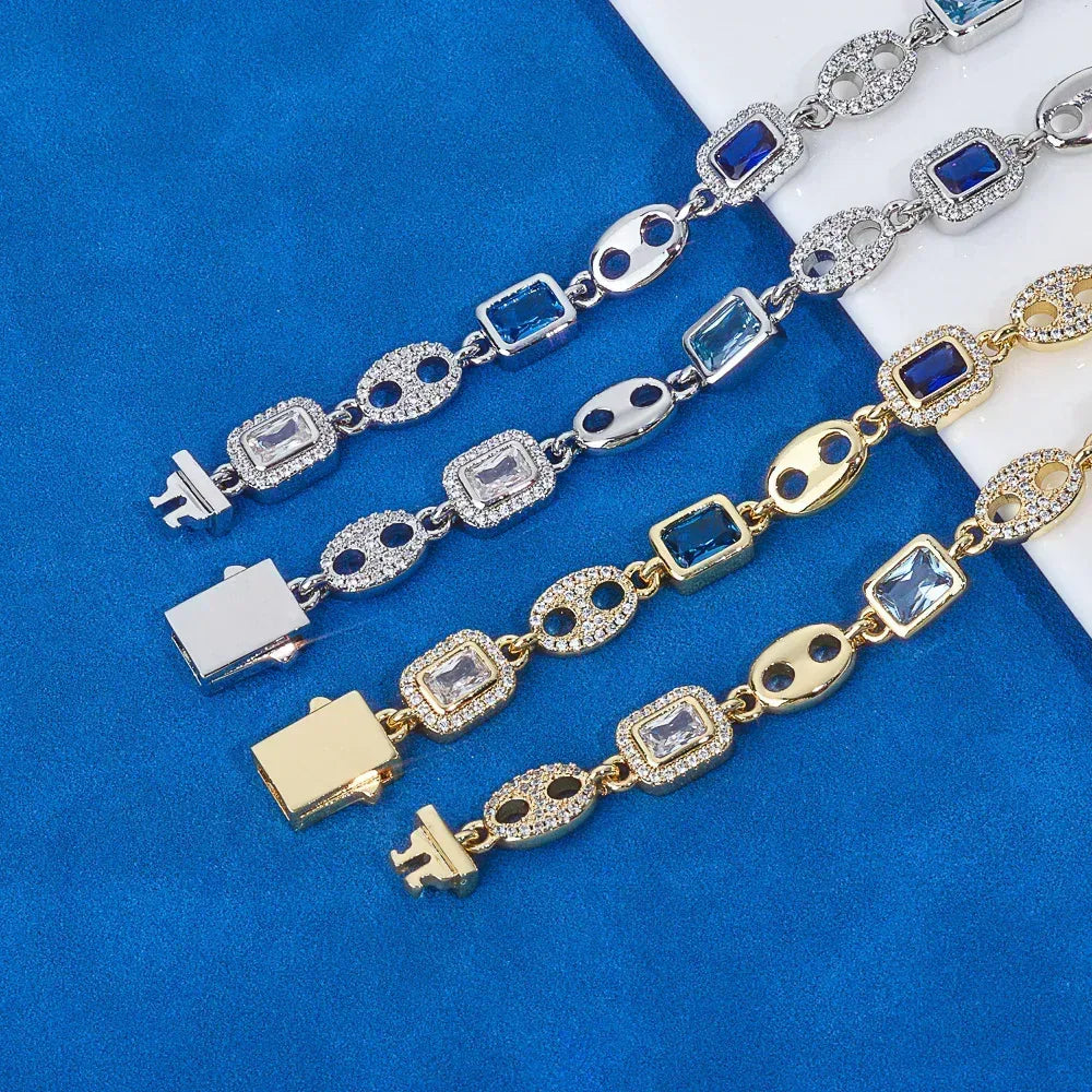 Custom 10mm Blue Gemstone Coffee Bean Chain | Minimalist Iced Out Jewelry | Caratix - CaratixJewelry
