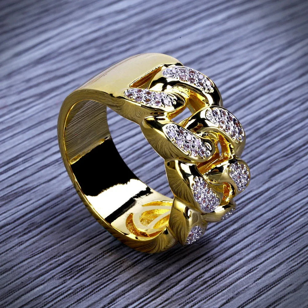 18K Gold Plated Iced Out Chain Link Ring | Pave Zirconia Band | Caratix