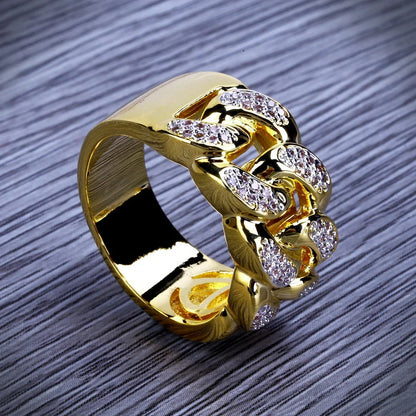 18K Gold Plated Iced Out Chain Link Ring | Pave Zirconia Band | Caratix