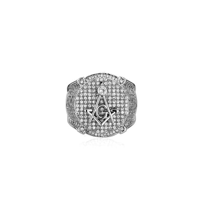 Men's Iced Out Masonic Ring | Retro AG Compass & Square Signet | Caratix
