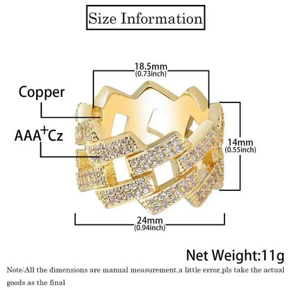 14mm -Shaped Cuban Ring with Double Row Zircon Stones and 18K Gold Plating for Men | Trendy Hip Hop Jewelry | Caratix Jewelry - CaratixJewelry