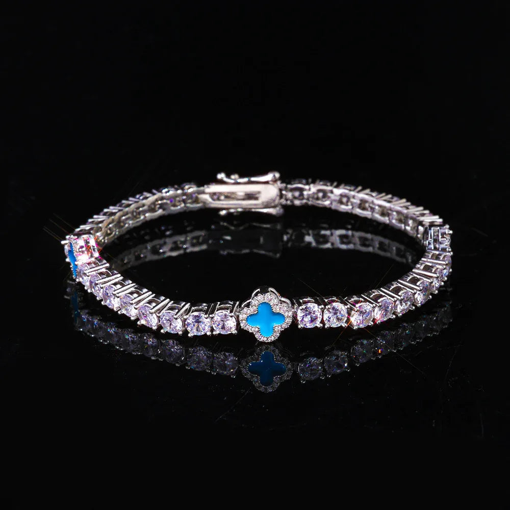 S925 Sterling Silver Moissanite Clover Bracelet | Color Enamel Tennis Chain | Tester Passed Rapper Chain Style | Caratix - CaratixJewelry