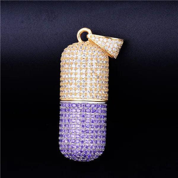 Iced Out Dual-Tone Pill Pendant | Men's Spliced Capsule Necklace | Premium Copper CZ Party Jewelry | Half & Half Trend Bling | Caratix - CaratixJewelry