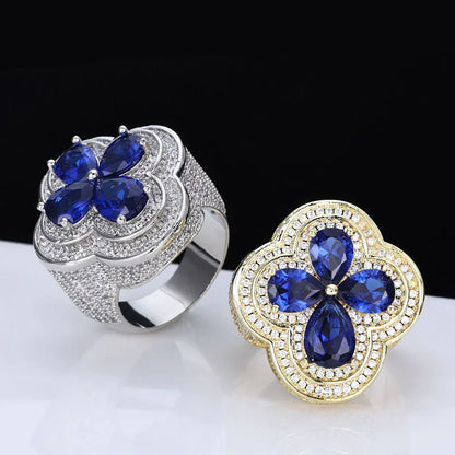 Blue Flower S925 Silver Moissanite Ring Rapper Iced Out Style | Caratix Jewelry - CaratixJewelry