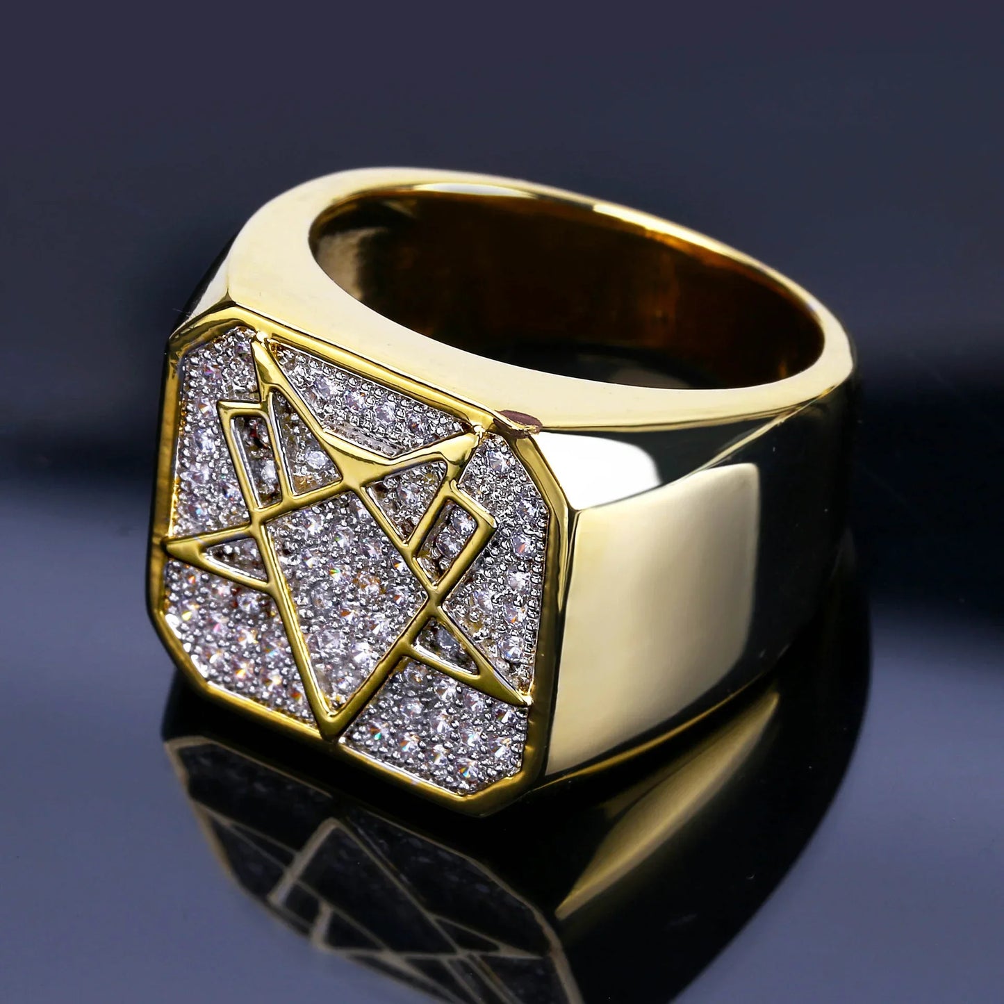Men's Geometric Iced Out Ring | 18K Gold Plated Zirconia Band | Caratix
