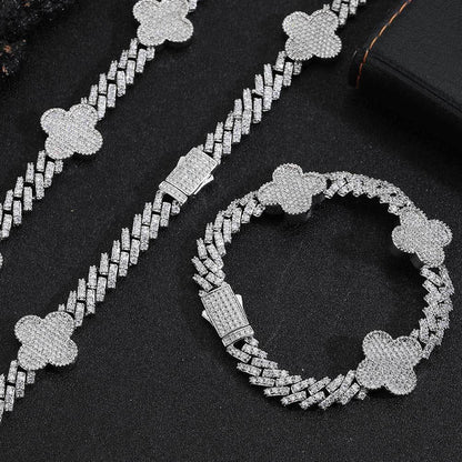 Clover-Shaped Zircon Cuban Link Bracelet with Spring Clasp - CaratixJewelry