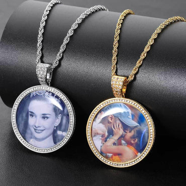 Round Photo Pendant Necklace with Zircon and Memory Frame | Trendy Hip Hop Jewelry | Caratix Jewelry - CaratixJewelry