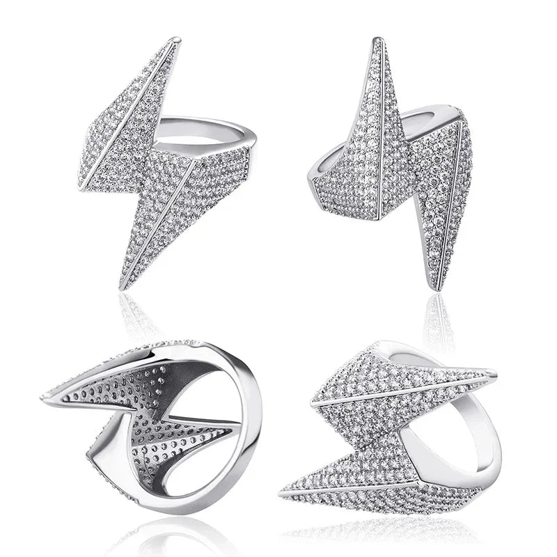 Bold Lightning Bolt Hip Hop Ring | Iced Out Zirconia Statement Band | Caratix