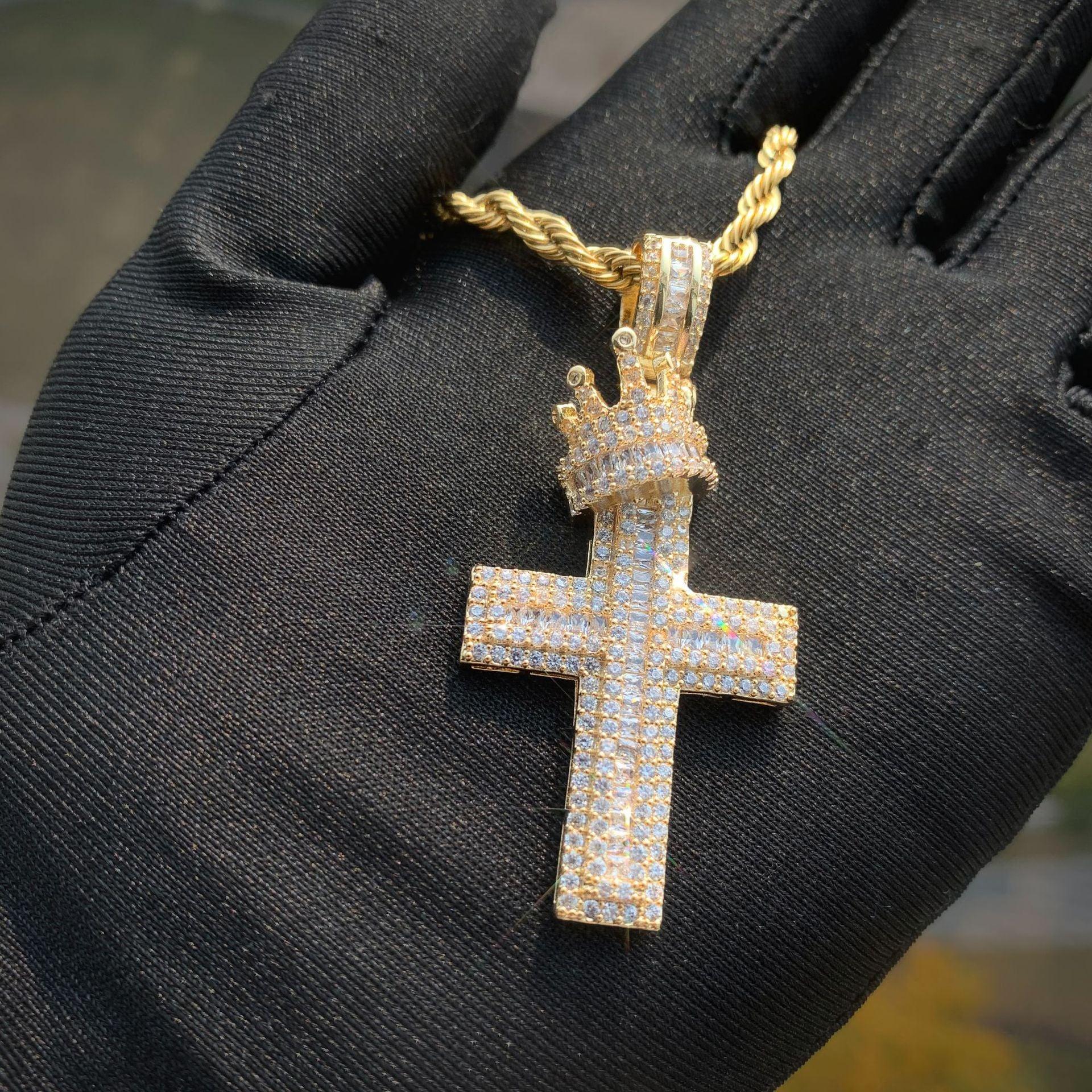 Crown Cross Pendant Necklace | CZ Iced Out Hip Hop Punk Men’s - CaratixJewelry