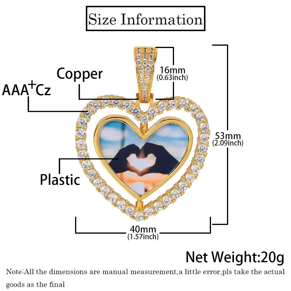 Custom Rotating Double-Sided Heart Photo Pendant Necklace with Zircon Stones | Caratix Jewelry - CaratixJewelry