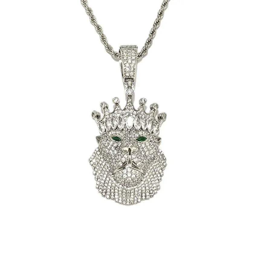 Iced Out Crowned Lion Head Pendant | Men's Real Copper CZ "King" Necklace - CaratixJewelry