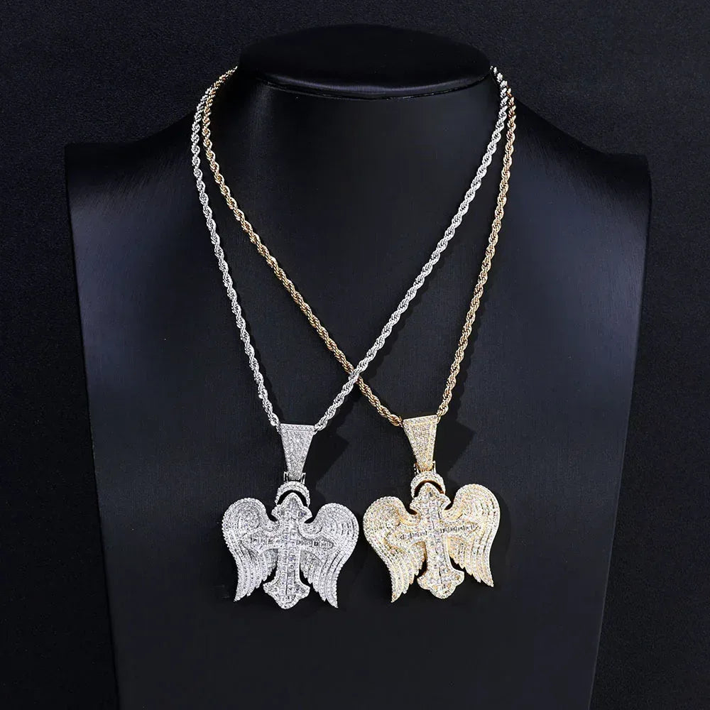 Cross Wing S925 Silver Moissanite Ice Pendant Necklace for Men | Caratix Jewelry - CaratixJewelry