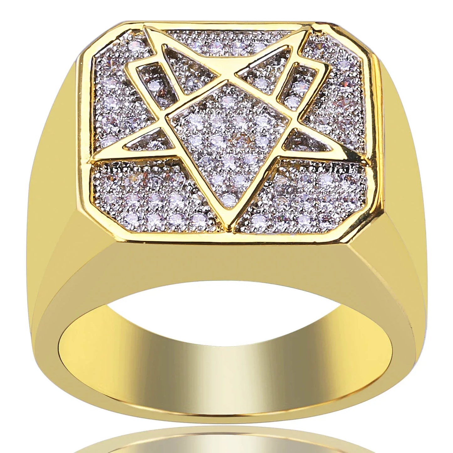 Men's Geometric Iced Out Ring | 18K Gold Plated Zirconia Band | Caratix