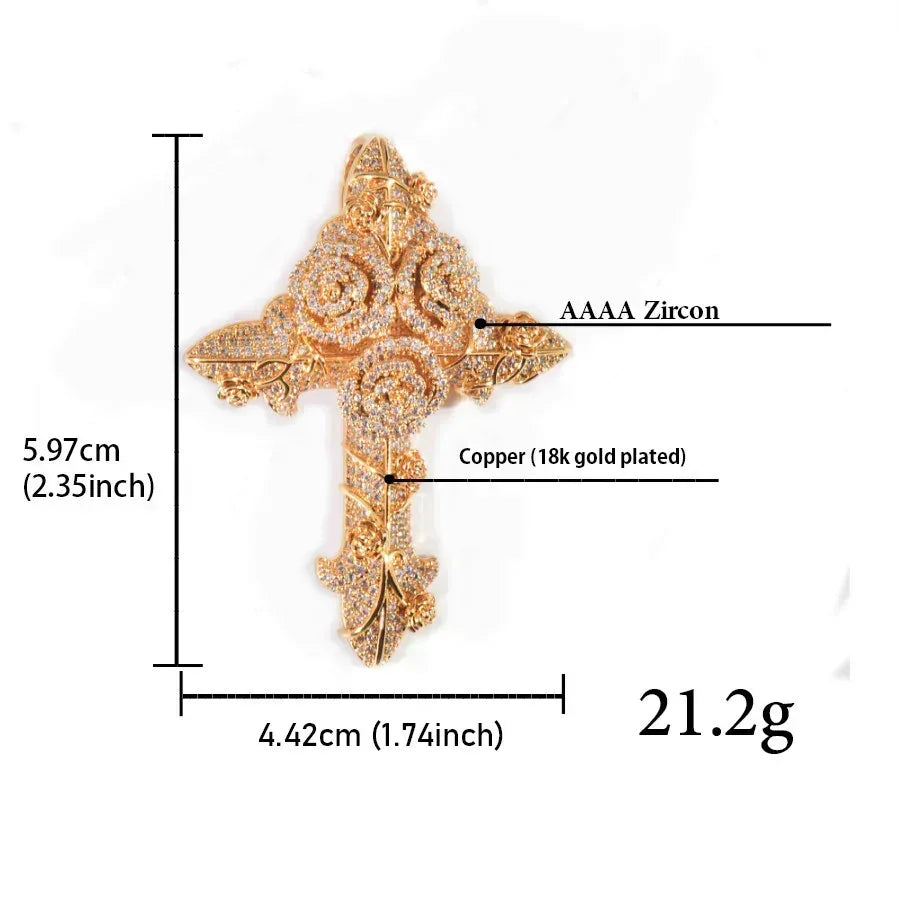 Iced Out Rose Cross Pendant Rope Chain Necklace - CaratixJewelry
