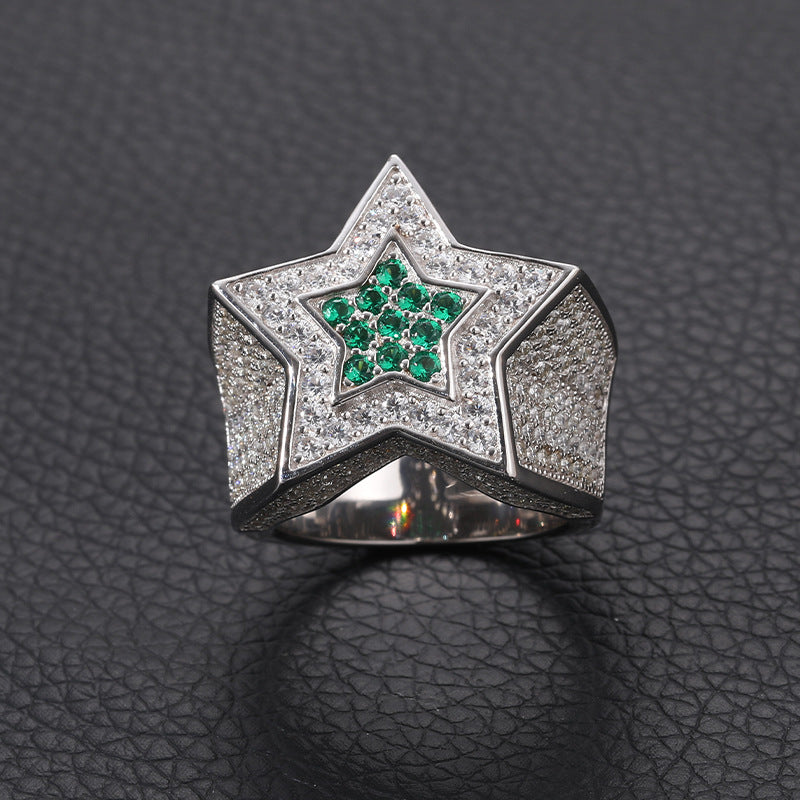 Men's S925 Sterling Silver Moissanite Star Ring – Blue Sapphire Hip-Hop Statement Band
