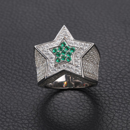 Men's S925 Sterling Silver Moissanite Star Ring – Blue Sapphire Hip-Hop Statement Band