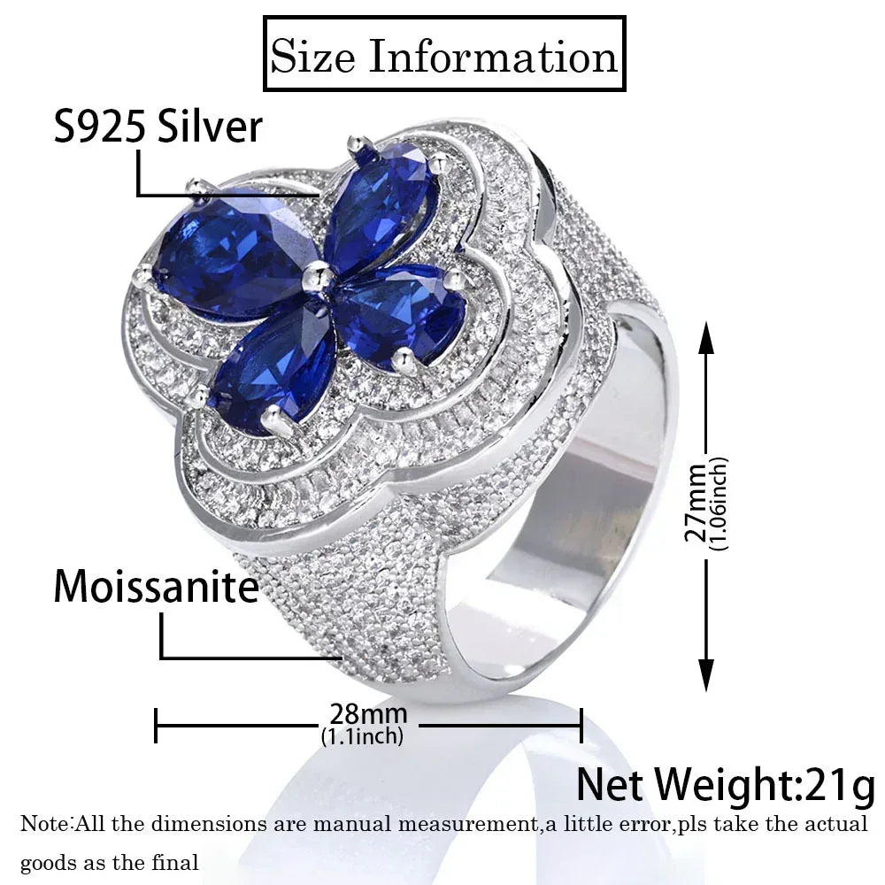 Blue Flower S925 Silver Moissanite Ring Rapper Iced Out Style | Caratix Jewelry - CaratixJewelry