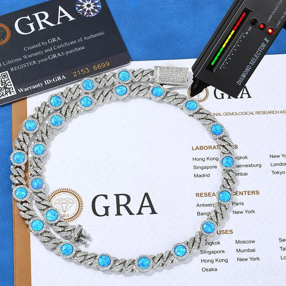 Blue Gemstone Moissanite Cuban Link Chain – Custom S925 Sterling Silver Iced-Out Hip Hop Men’s Trendy Streetwear Necklace - CaratixJewelry