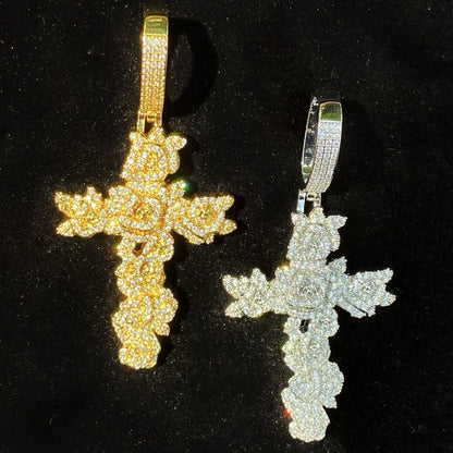 Iced Out Rose Cross Pendant | Women's Blooming Floral Necklace - CaratixJewelry