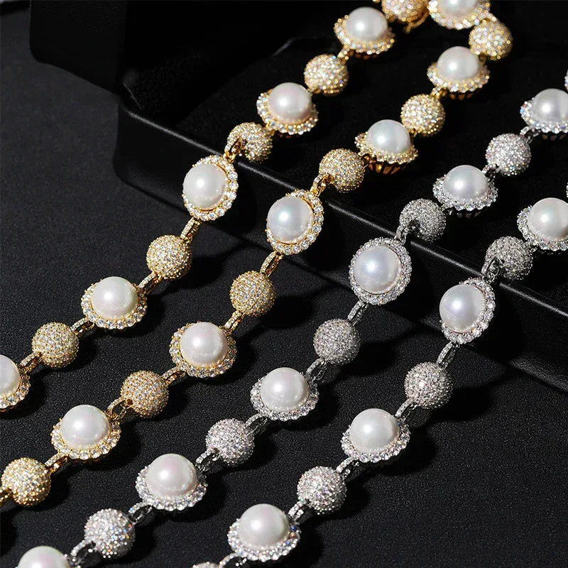 10mm Pearl Moissanite Necklace | S925 Silver Men’s Hip Hop Jewelry - CaratixJewelry