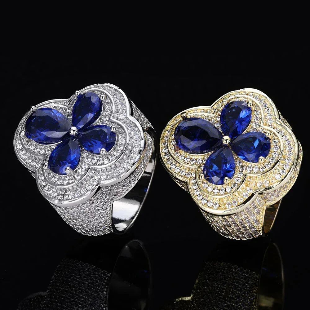 Blue Flower S925 Silver Moissanite Ring Rapper Iced Out Style | Caratix Jewelry - CaratixJewelry