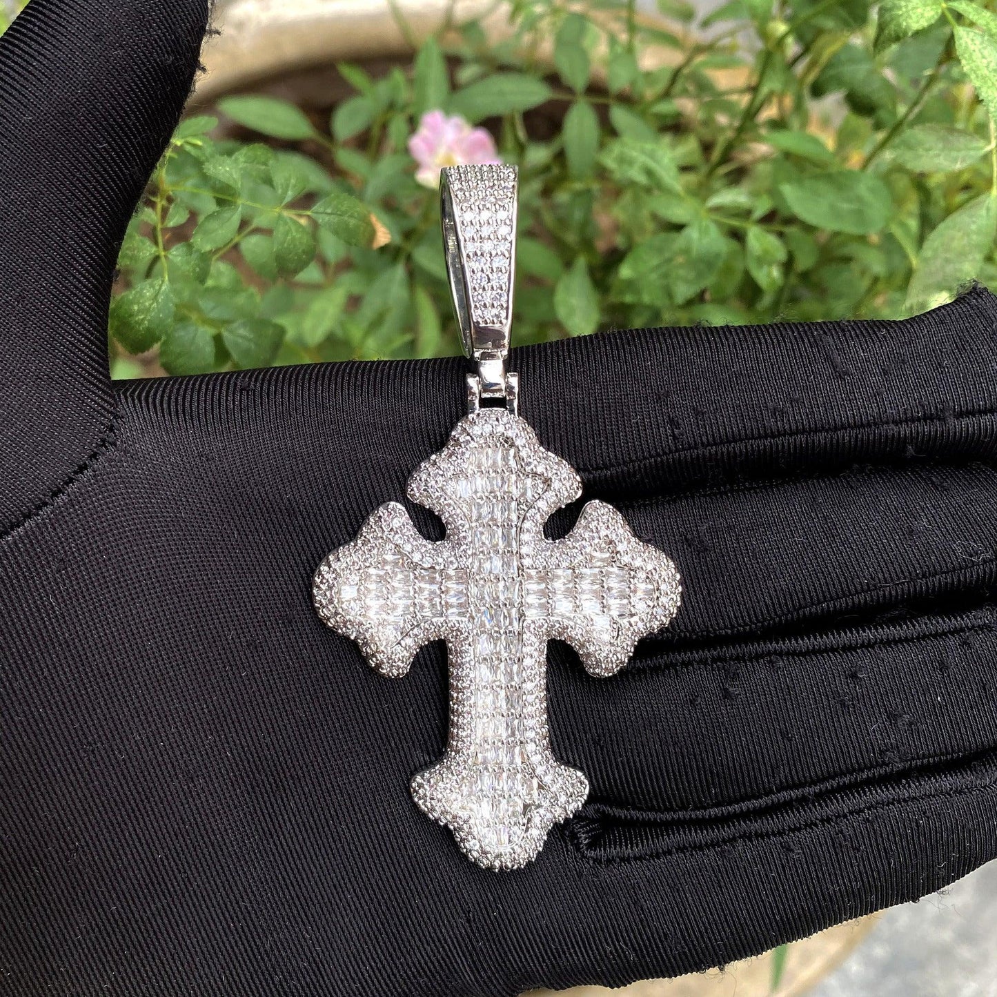 Iced Out Baguette Cross Pendant | Men's Real Copper CZ Necklace - CaratixJewelry